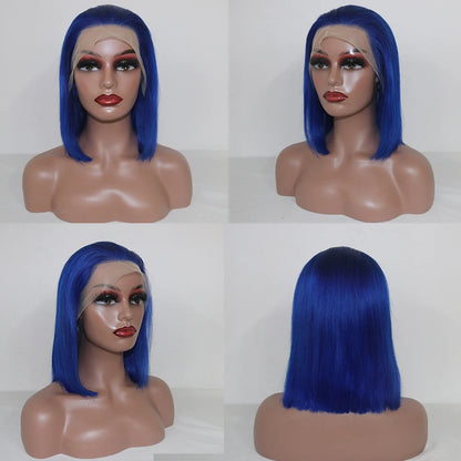 Perruque Lace Wig courte lisse  Bob colorée bleu saphir, brésilienne