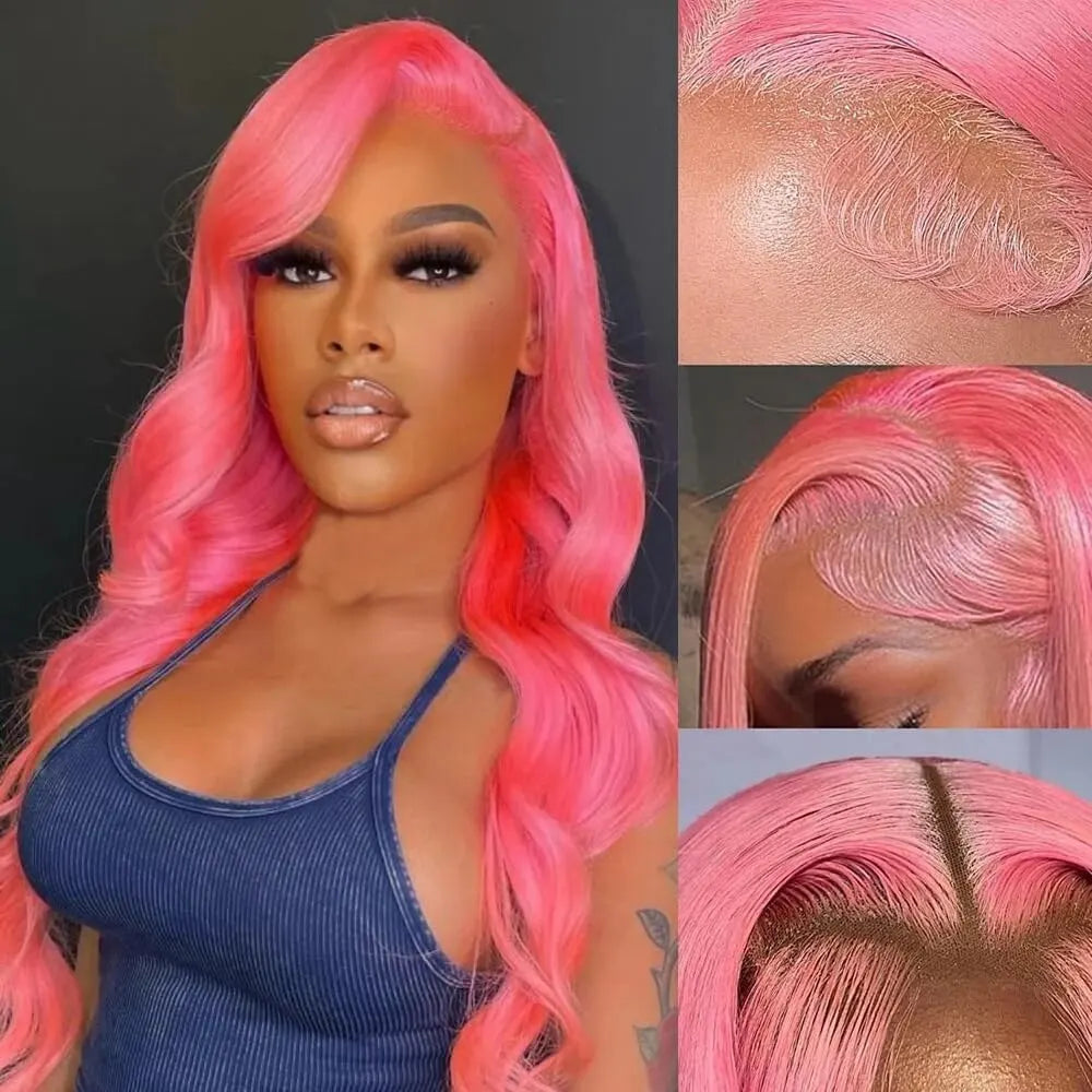 Perruque Lace Front Wig ondulée, colorée rose, 18-24 pouces