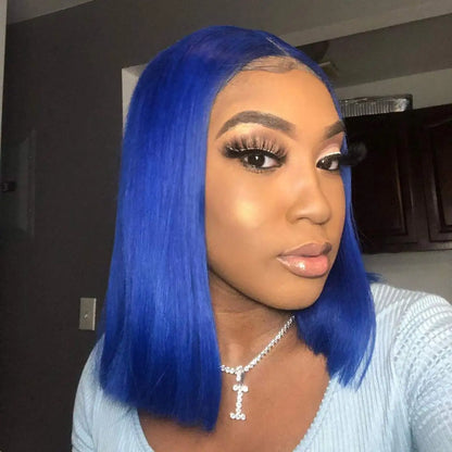 Perruque Lace Wig courte lisse  Bob colorée bleu saphir, brésilienne