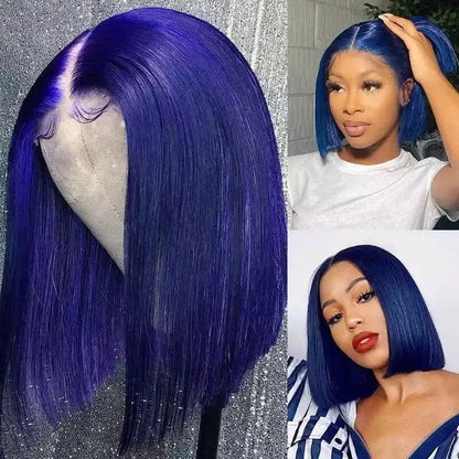 Perruque Lace Wig courte lisse  Bob colorée bleu saphir, brésilienne